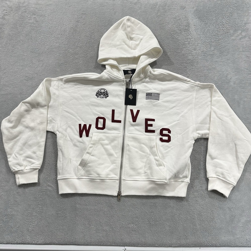 NWT Darc Sport Wolves Pyramid Double Zip Hoodie Men M Cream Red Streetwear Baggy
